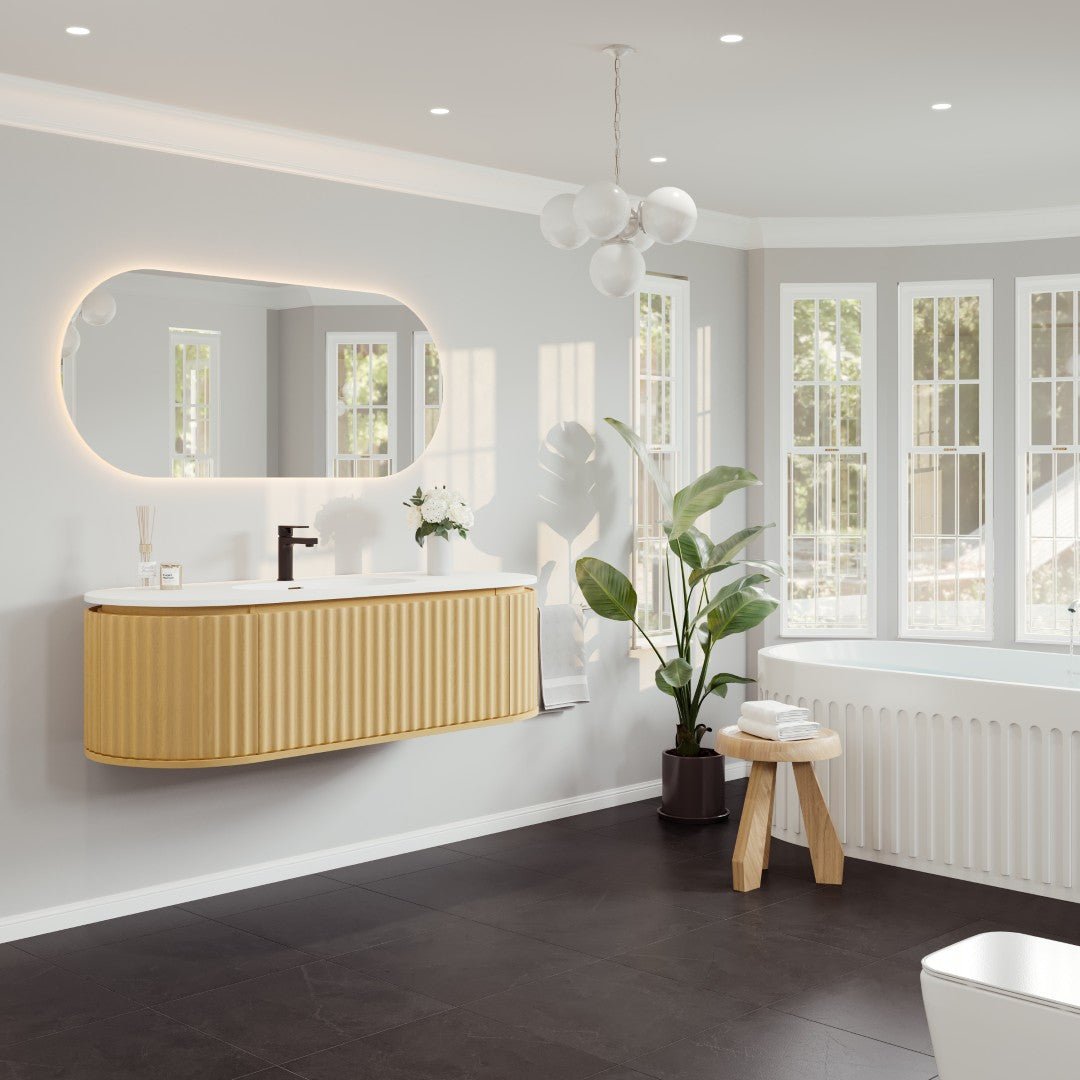 Haven 55 in. Natural Oak Wall Mount Single Sink Bath Vanity with Solid Surface Top and Integrated Sink - Bathroom Vanity by Eviva