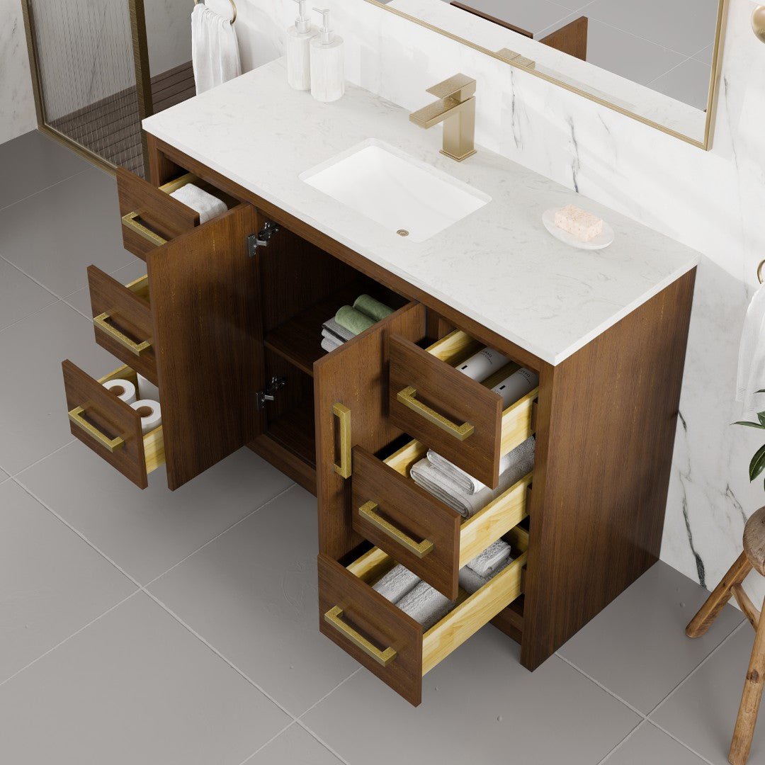 Curio 48 in. Walnut Single Sink Bath Vanity with Carrara Quartz Top and Undermount Porcelain Sink - Bathroom Vanity by Eviva