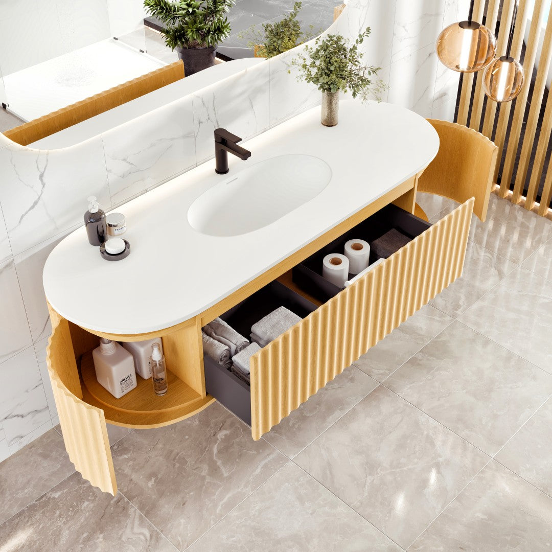 Haven 64 in. Natural Oak Wall Mount Single Sink Bath Vanity with Solid Surface Top and Integrated Sink