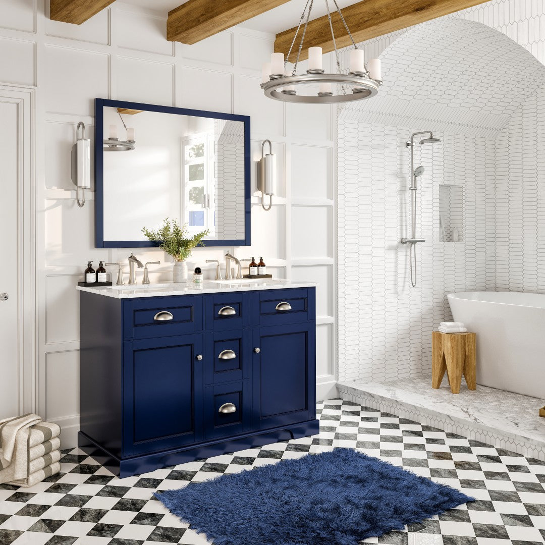 Epic 48 in. Blue Double Sink Bath Vanity with Carrara Quartz Top and Undermount Porcelain Sinks