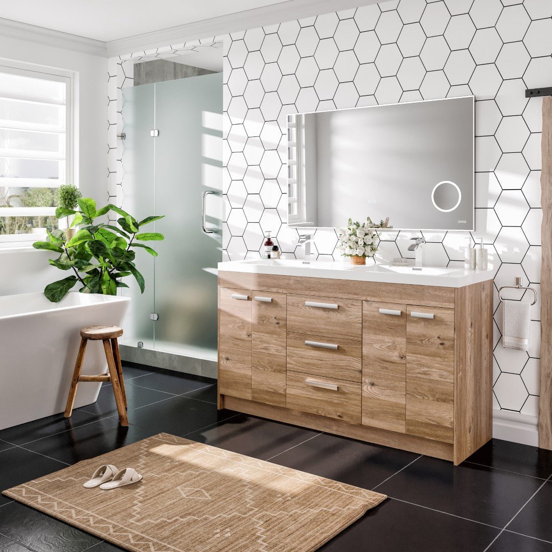 Lugano 60 in. Natural Oak Double Sink Freestanding Bath Vanity with Acrylic Top and Integrated Sinks - Bathroom Vanity by Eviva