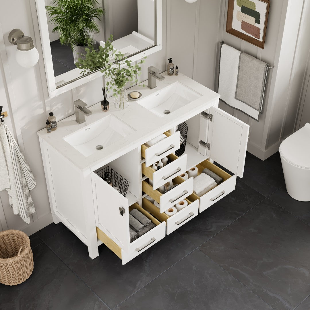 London 54 in. White Double Sink Bath Vanity with Carrara Quartz Top and Undermount Porcelain Sinks