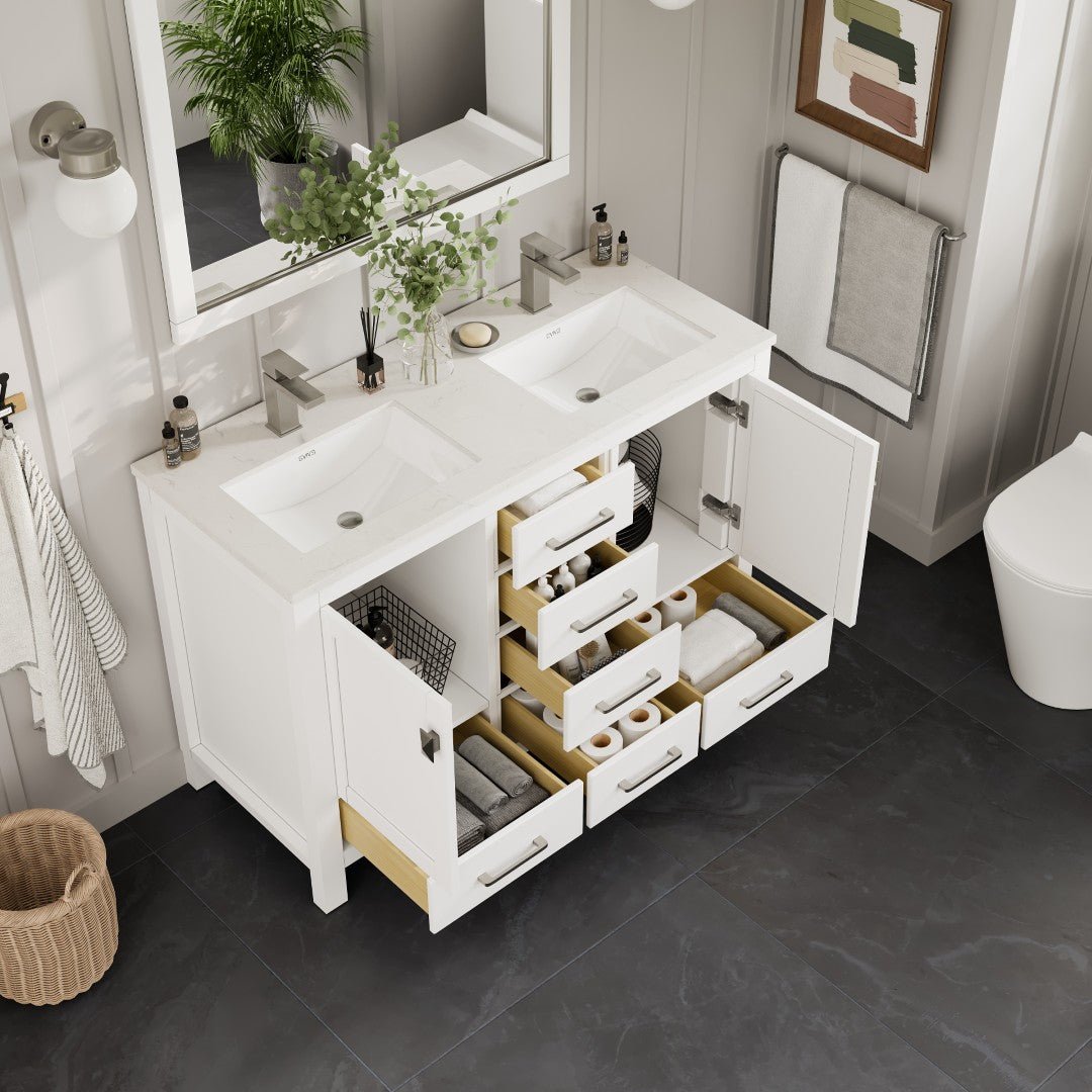 London 54 in. White Double Sink Bath Vanity with Carrara Quartz Top and Undermount Porcelain Sinks - Bathroom Vanity by Eviva