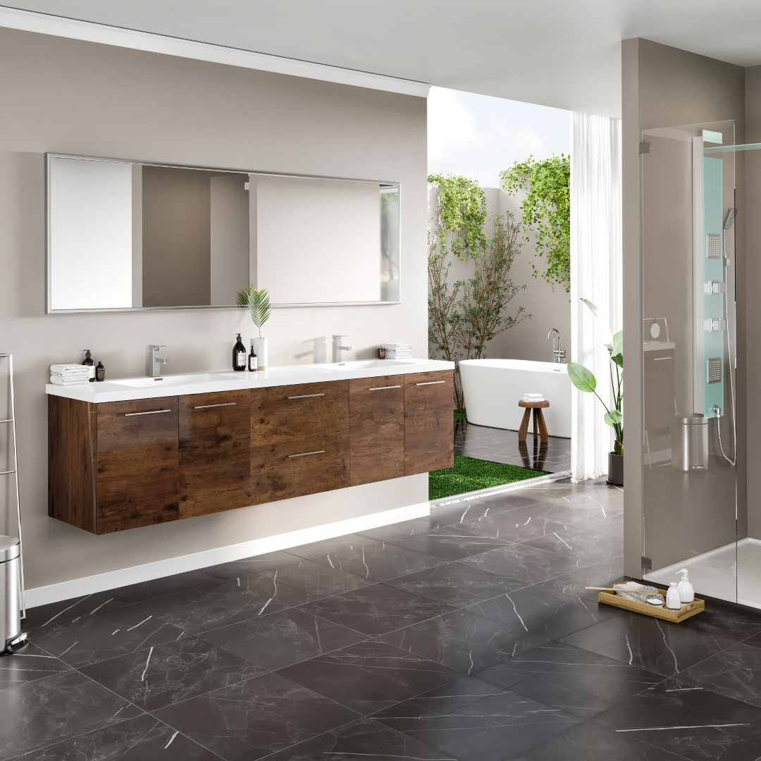 Lumina 84 in. Rosewood Wall Mount Double Sink Bath Vanity with Acrylic Top and Integrated Sinks