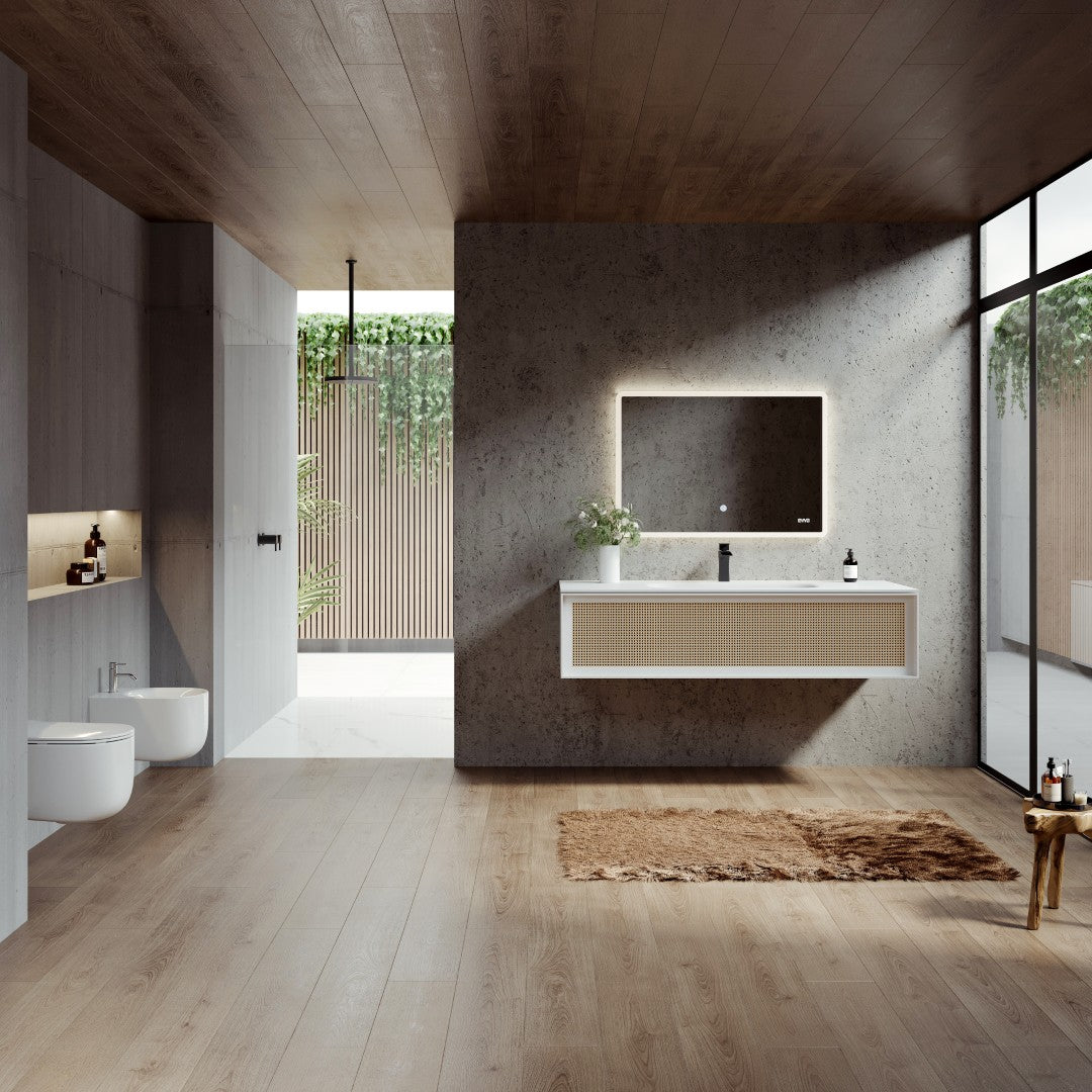 Nets 44 in. Natural Oak/White Wall Mount Single Sink Bath Vanity with Solid Surface Top and Integrated Sink