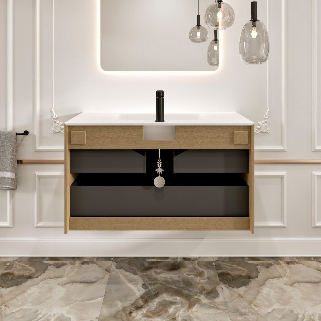 Lotus 30 in. Natural Oak Wall Mount Single Sink Bath Vanity with Solid Surface Top and Integrated Sink - Bathroom Vanity by Eviva