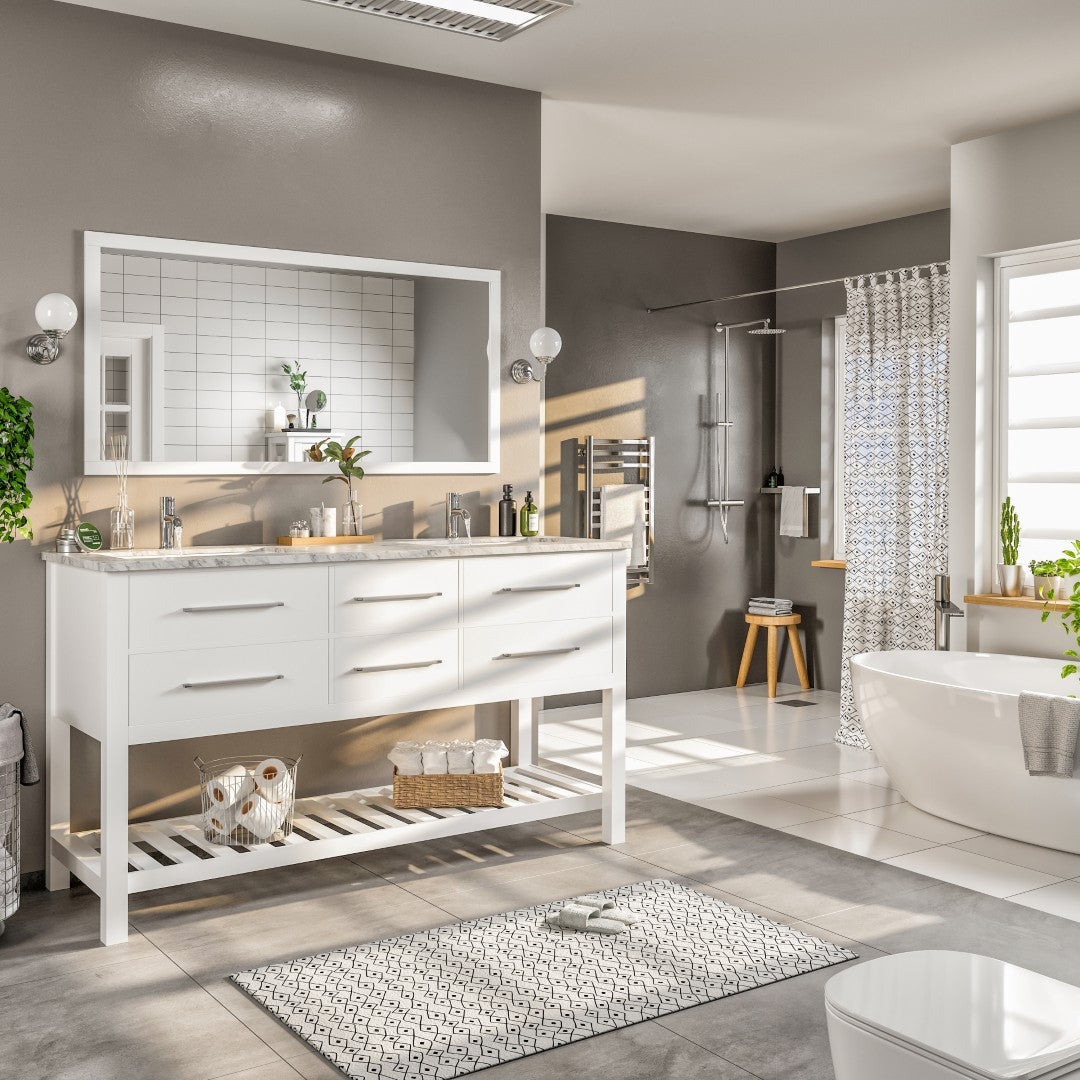 Natalie 60 in. White Double Sink Bath Vanity with Carrara Marble Top and Undermount Porcelain Sinks