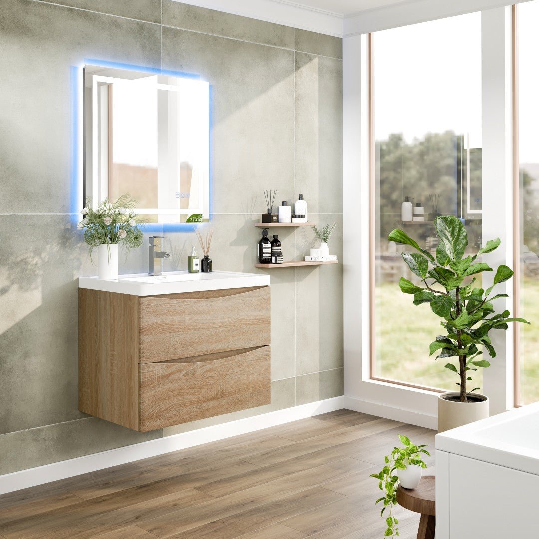 Smile 30 in. White Oak Wall Mount Single Sink Bath Vanity with Acrylic Top and Integrated Sink - Bathroom Vanity by Eviva