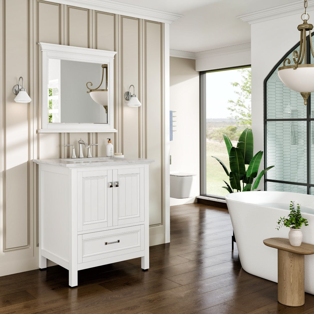 Eviva Britney 30 Inch Transitional White Bathroom Vanity with Carrera Marble Top