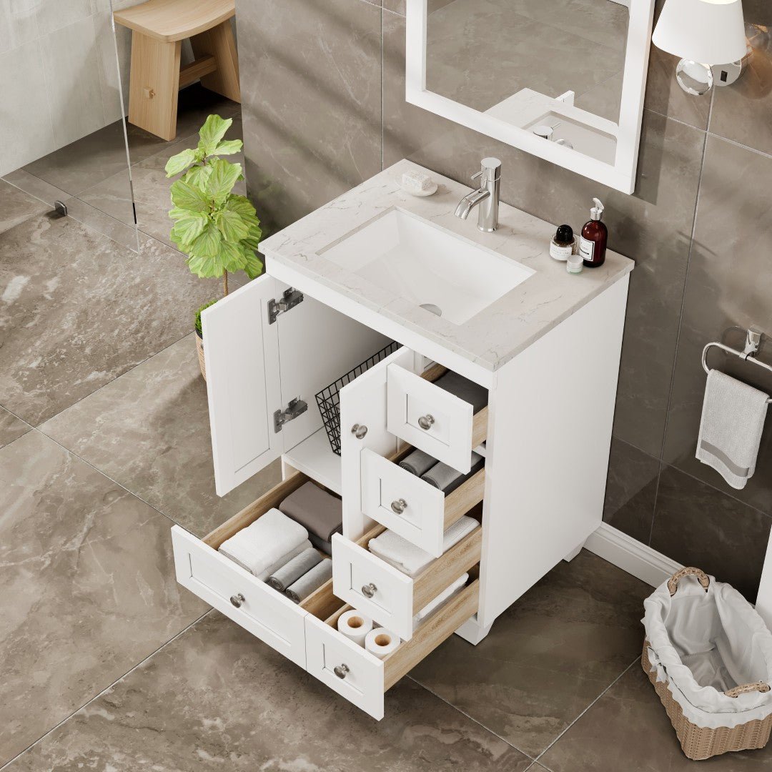 Happy 24 in. White Single Sink Bath Vanity with Carrara Quartz Top and Undermount Porcelain Sink - Bathroom Vanity by Eviva