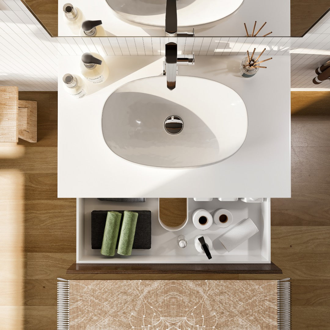 Santa Monica 36 in. Gray Oak Wall Mount Single Sink Bath Vanity with Acrylic Top and Vessel Solid Surface Sink