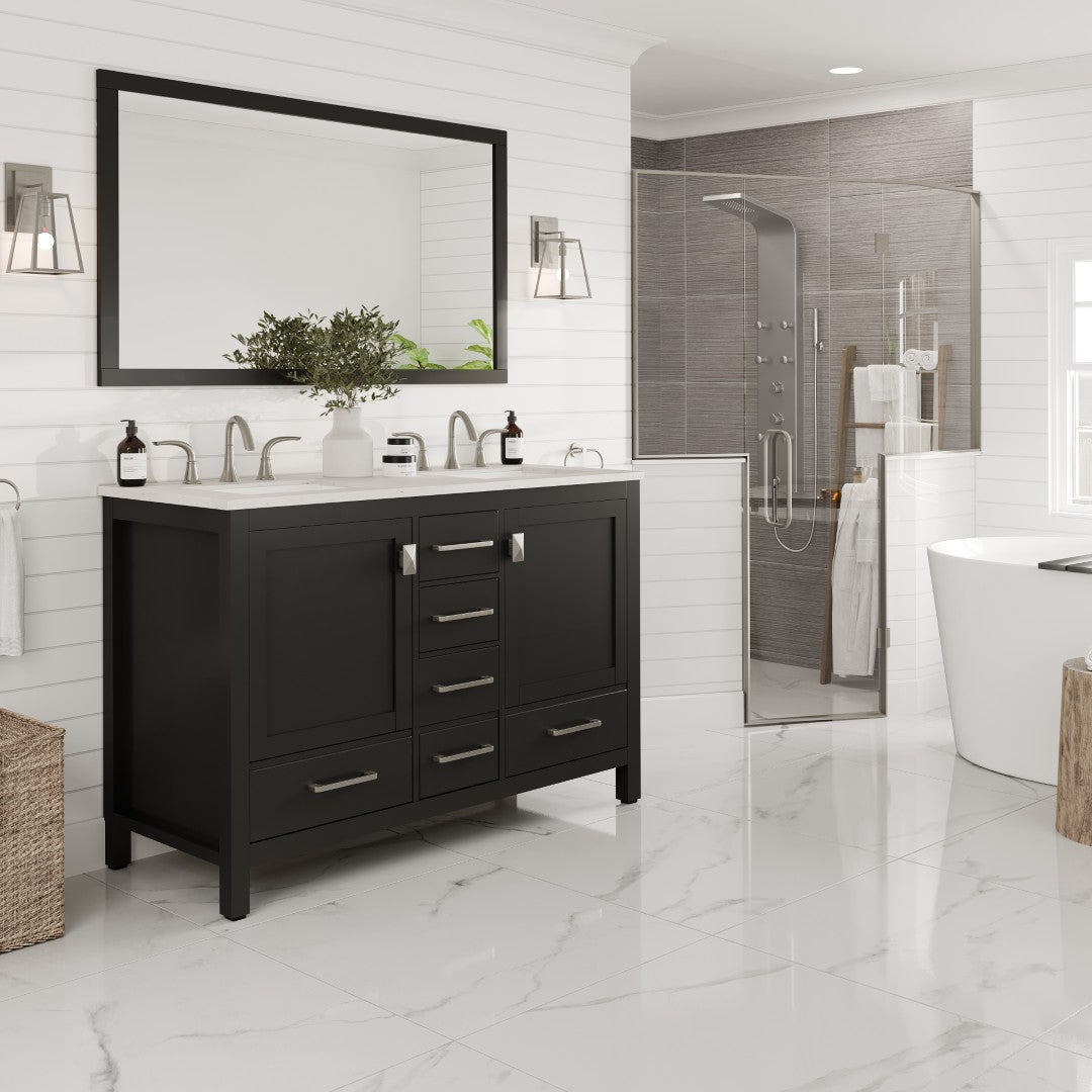 Aberdeen 48 in. Espresso Double Sink Bath Vanity with Carrara Quartz Top and Undermount Porcelain Sinks