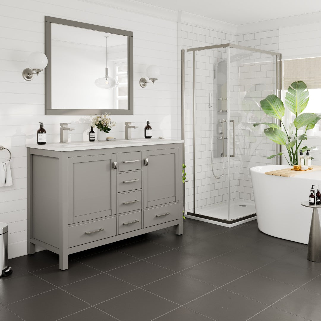 London 48 in. Gray Double Sink Bath Vanity with Carrara Quartz Top and Undermount Porcelain Sinks