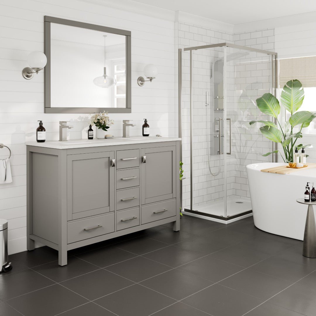 London 48 in. Gray Double Sink Bath Vanity with Carrara Quartz Top and Undermount Porcelain Sinks - Bathroom Vanity by Eviva