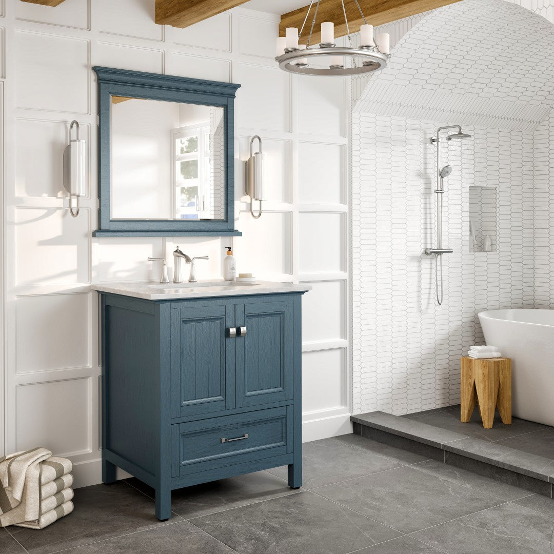 Eviva Britney 30 Inch Transitional Ash Blue Bathroom Vanity with Carrera Marble Top