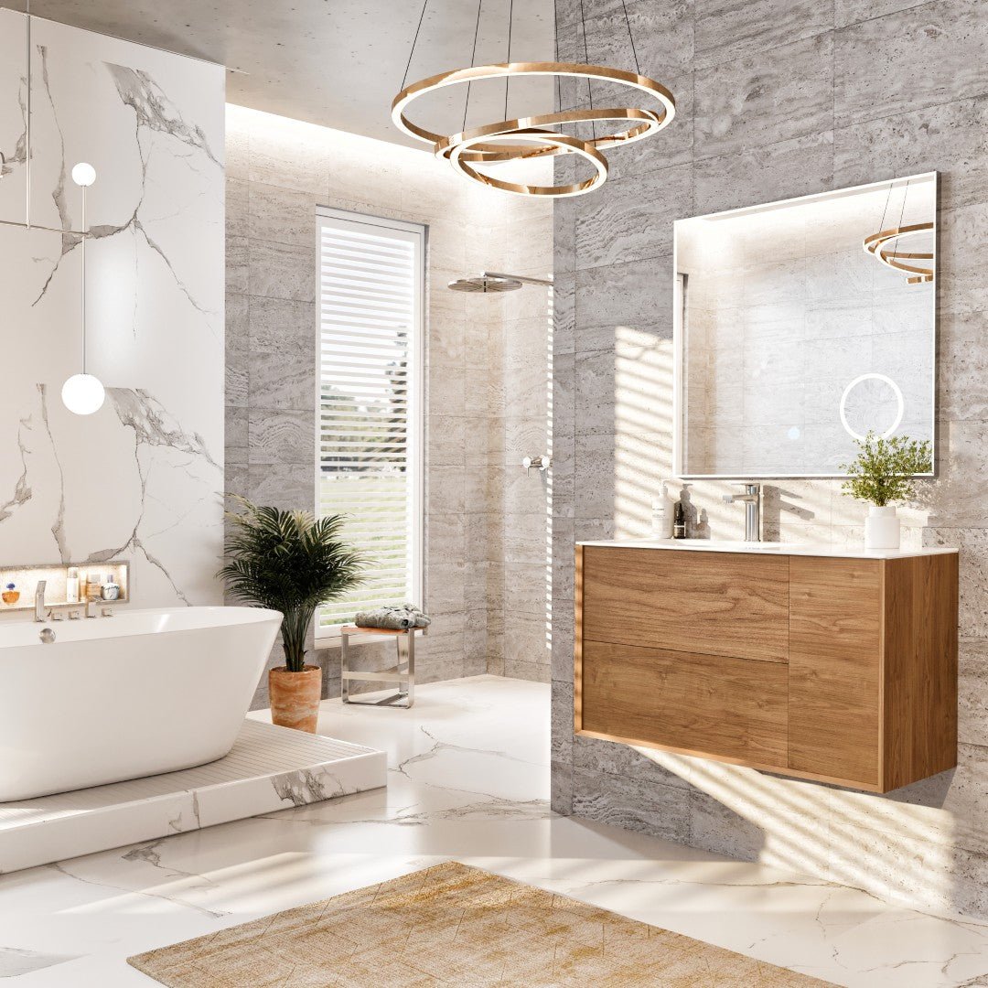 Prancer 44 in. Natural Oak Wall Mount Single Sink Bath Vanity with Solid Surface Top and Integrated Sink - Bathroom Vanity by Eviva
