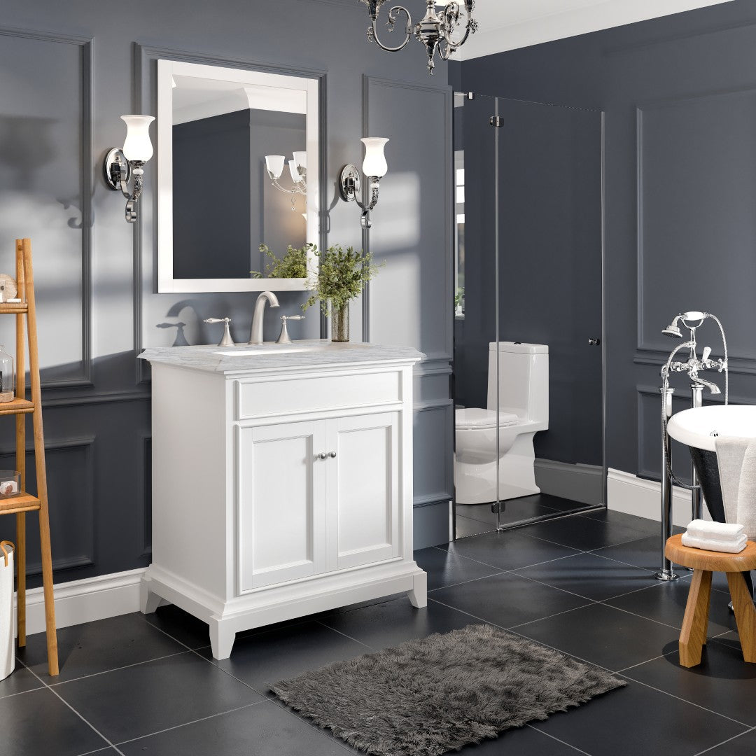 Elite Princeton 30 in. White Single Sink Bath Vanity with Carrara Marble Top and Undermount Porcelain Sink
