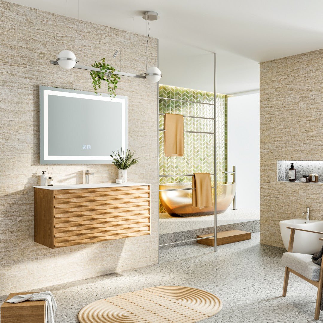 Oahu 32 in. Oak Wall Mount Single Sink Bath Vanity with Solid Surface Top and Integrated Sink - Bathroom Vanity by Eviva