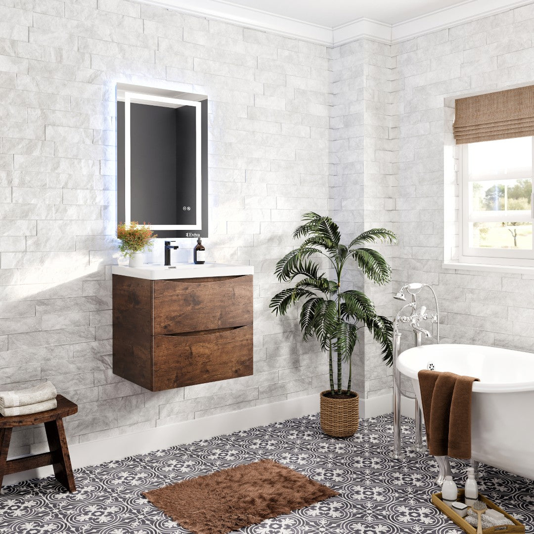 Smile 24 in. Rosewood Wall Mount Single Sink Bath Vanity with Acrylic Top and Integrated Sink