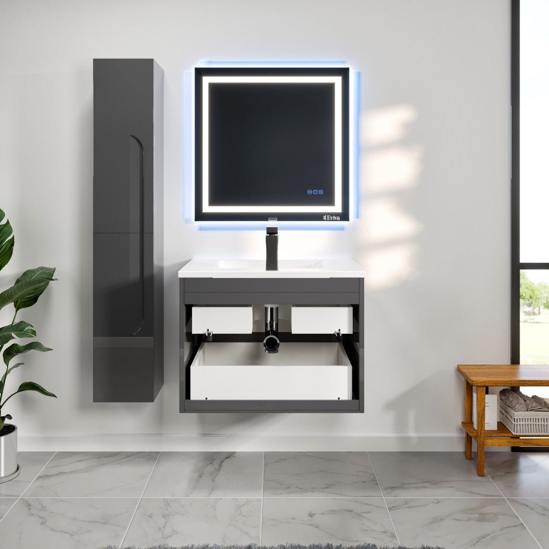 Joy 32 in. Gray Wall Mount Single Sink Bath Vanity with Porcelain Top and Integrated Sink - Bathroom Vanity by Eviva