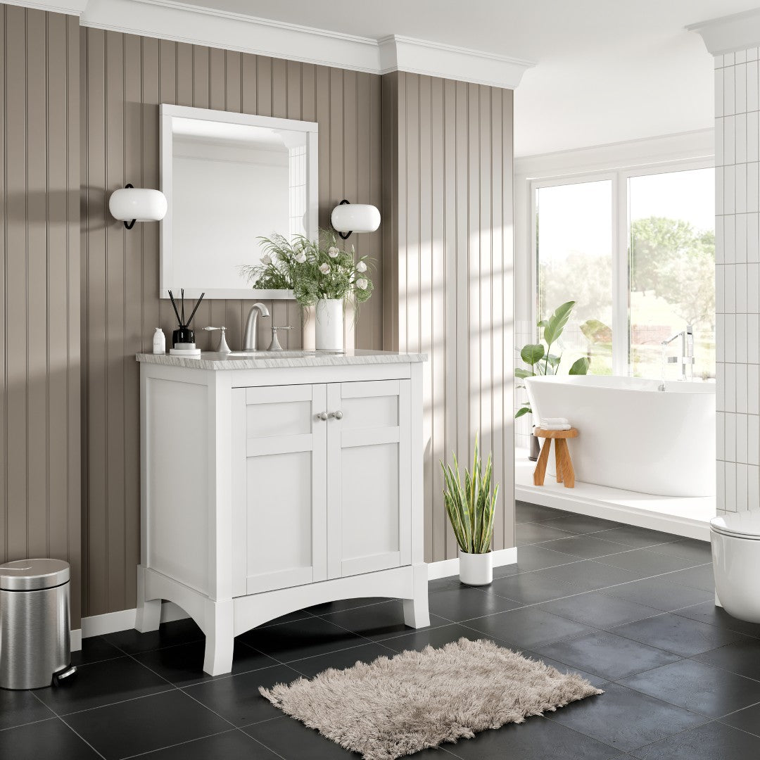 New York 30 in. White Single Sink Bath Vanity with Carrara Marble Top and Undermount Porcelain Sink