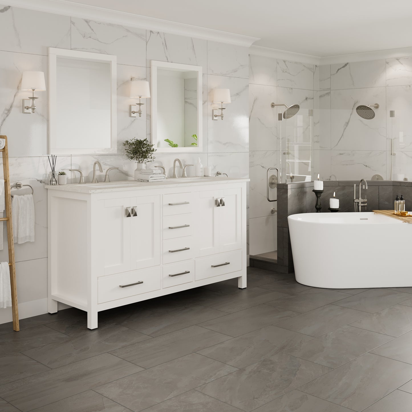 Aberdeen 60"W x 22"D White Double Sink Bathroom Vanity with Carrara Quartz Countertop and Undermount Porcelain Sink
