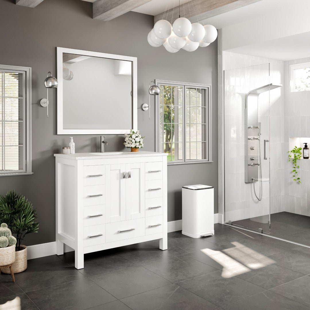 Hampton 36" x 18" White Single Sink Bath Vanity with Carrara Quartz Top and Undermount Porcelain Sink - Bathroom Vanity by Eviva