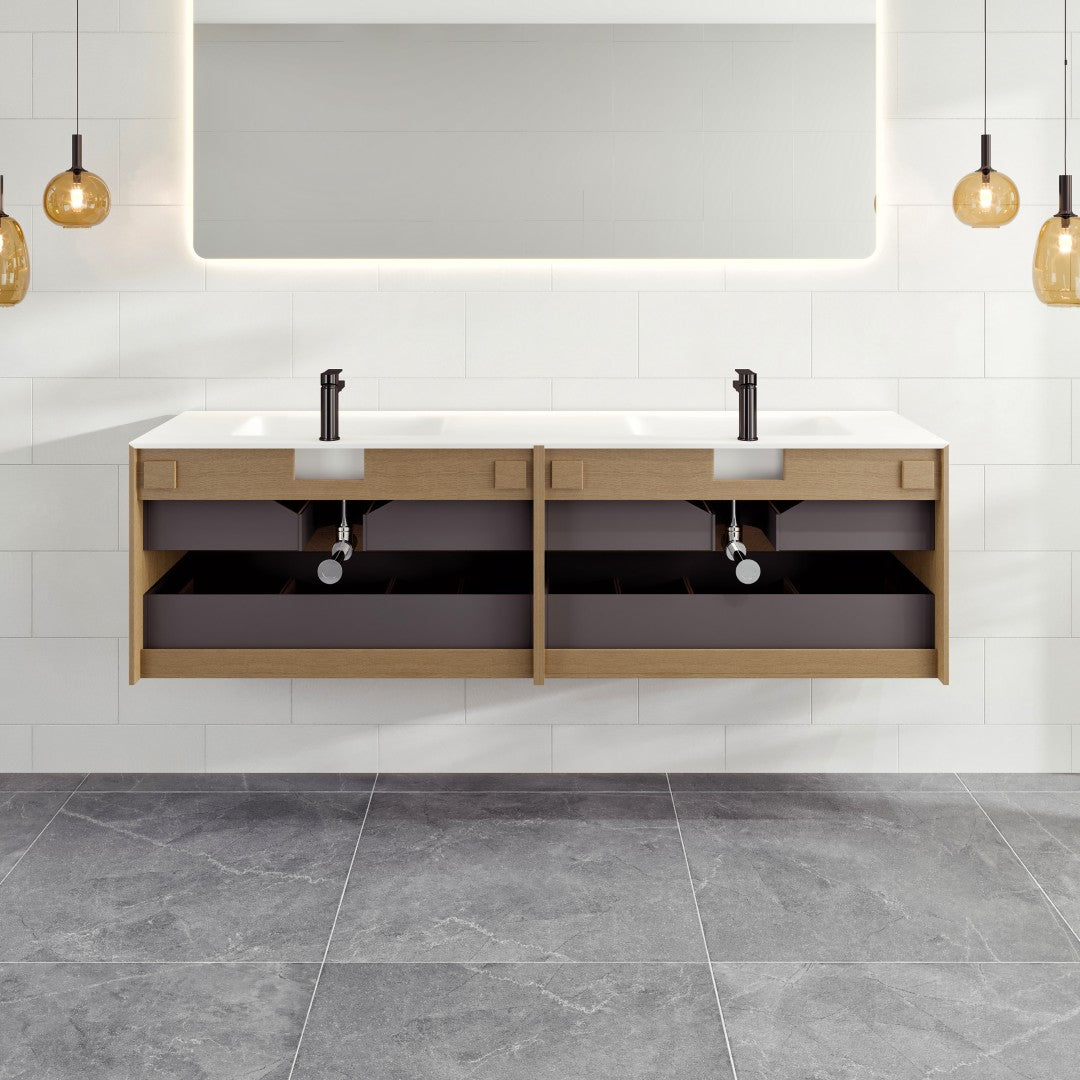 Lotus 59 in. Natural Oak Wall Mount Double Sink Bath Vanity with Solid Surface Top and Integrated Sinks