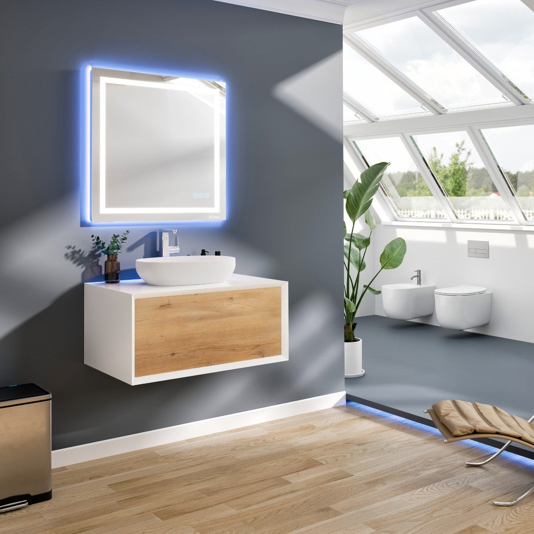 Santa Monica 36 in. White Oak Wall Mount Single Sink Bath Vanity with Acrylic Top and Vessel Solid Surface Sink