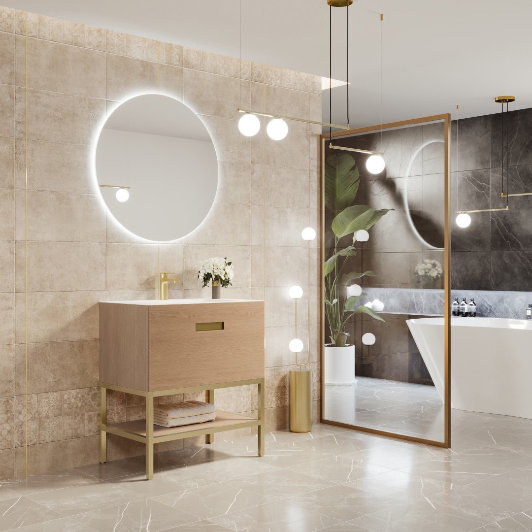 Iris 30 in. Natural Oak Single Sink Bath Vanity with Solid Surface Top and Integrated Sink - Bathroom Vanity by Eviva