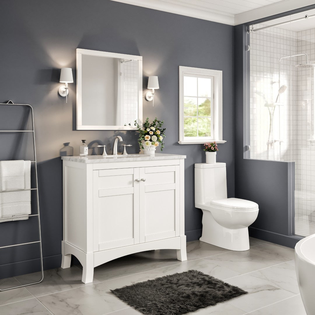 New York 36 in. White Single Sink Bath Vanity with Carrara Marble Top and Undermount Porcelain Sink