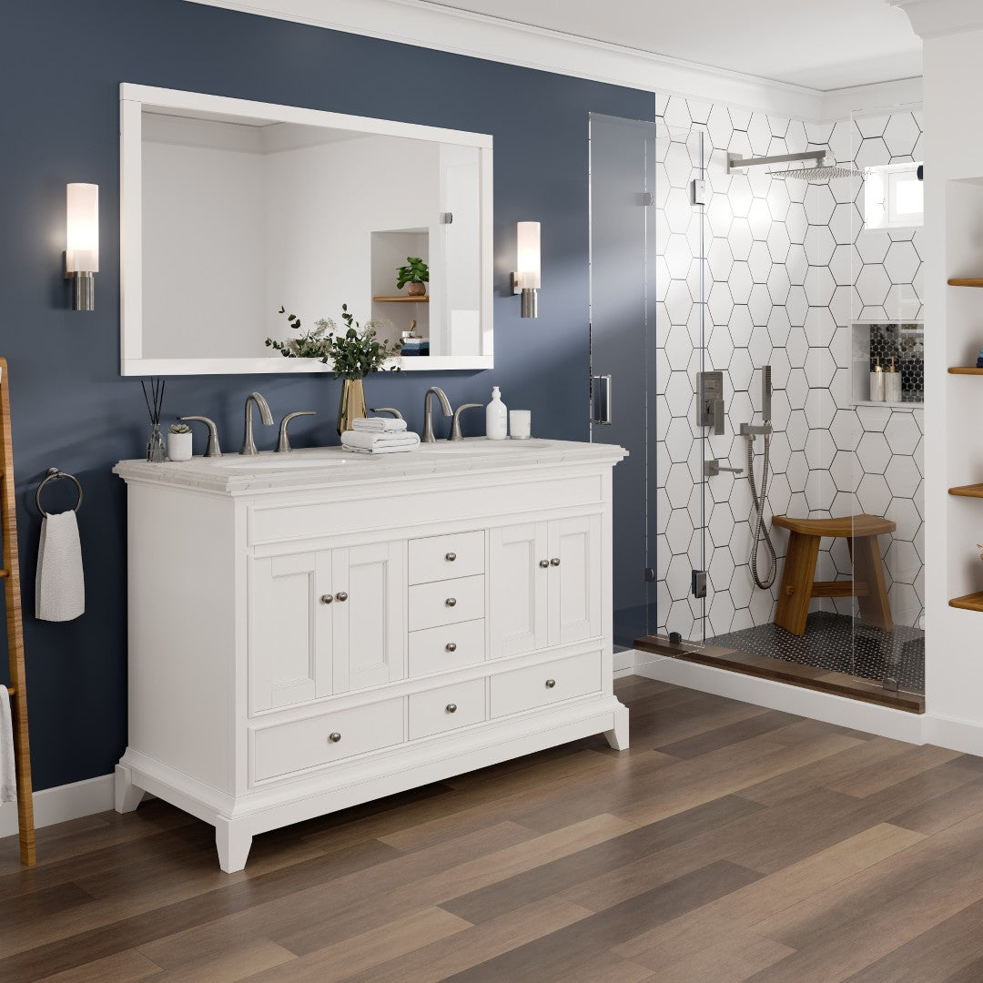 Elite Stamford 48 in. White Double Sink Bath Vanity with Carrara Quartz Top and Undermount Porcelain Sinks
