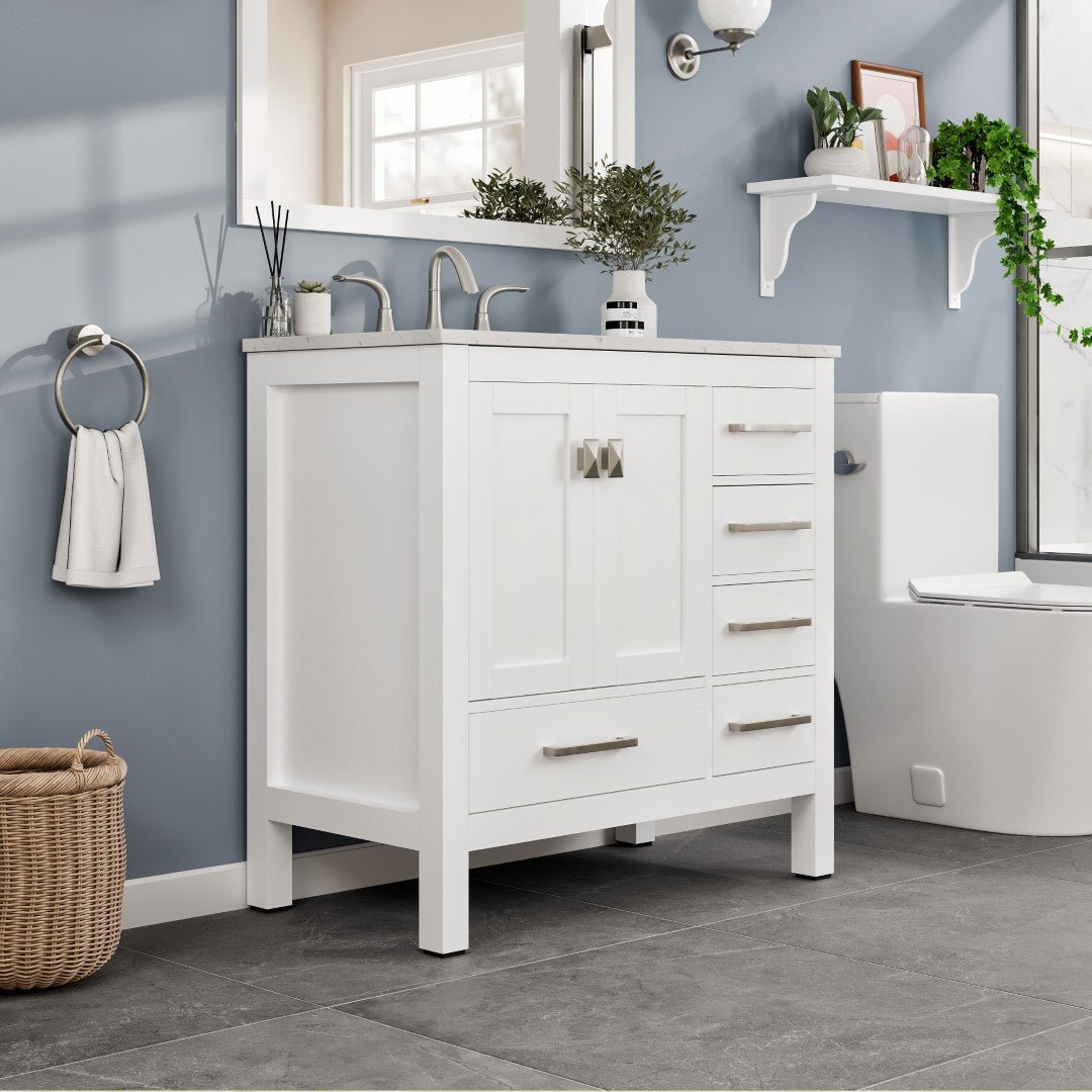 Aberdeen 36 in. White Single Sink Bath Vanity with Carrara Quartz Top and Undermount Porcelain Sink - Bathroom Vanity by Eviva