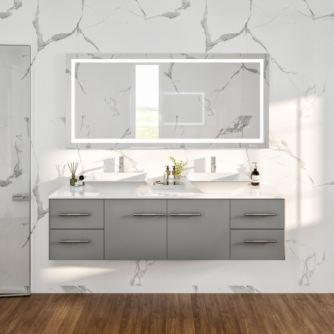 Wave 72 in. Gray Wall Mount Double Sink Bath Vanity with White Quartz Top and Vessel Porcelain Sinks