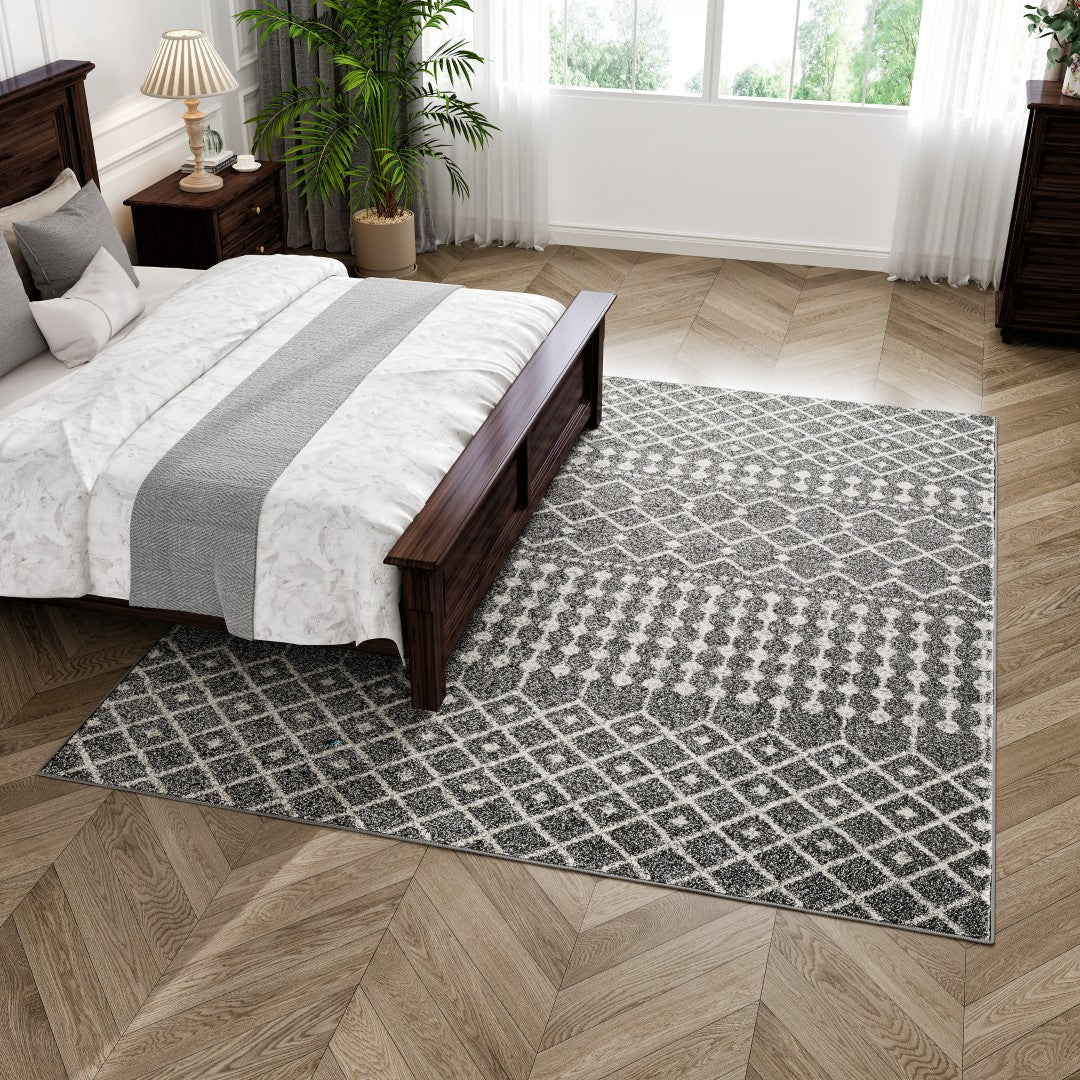 Eviva Grid 8' x 10' Geometric anthracite Gray/Cream Rug - Rug by Eviva