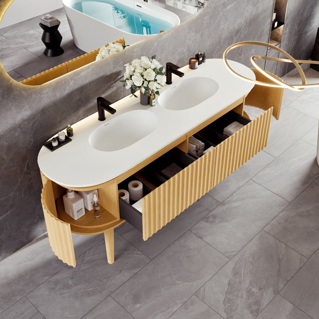 Haven 71 in. Natural Oak Double Sink  Bath Vanity with Solid Surface Top and Integrated Sinks