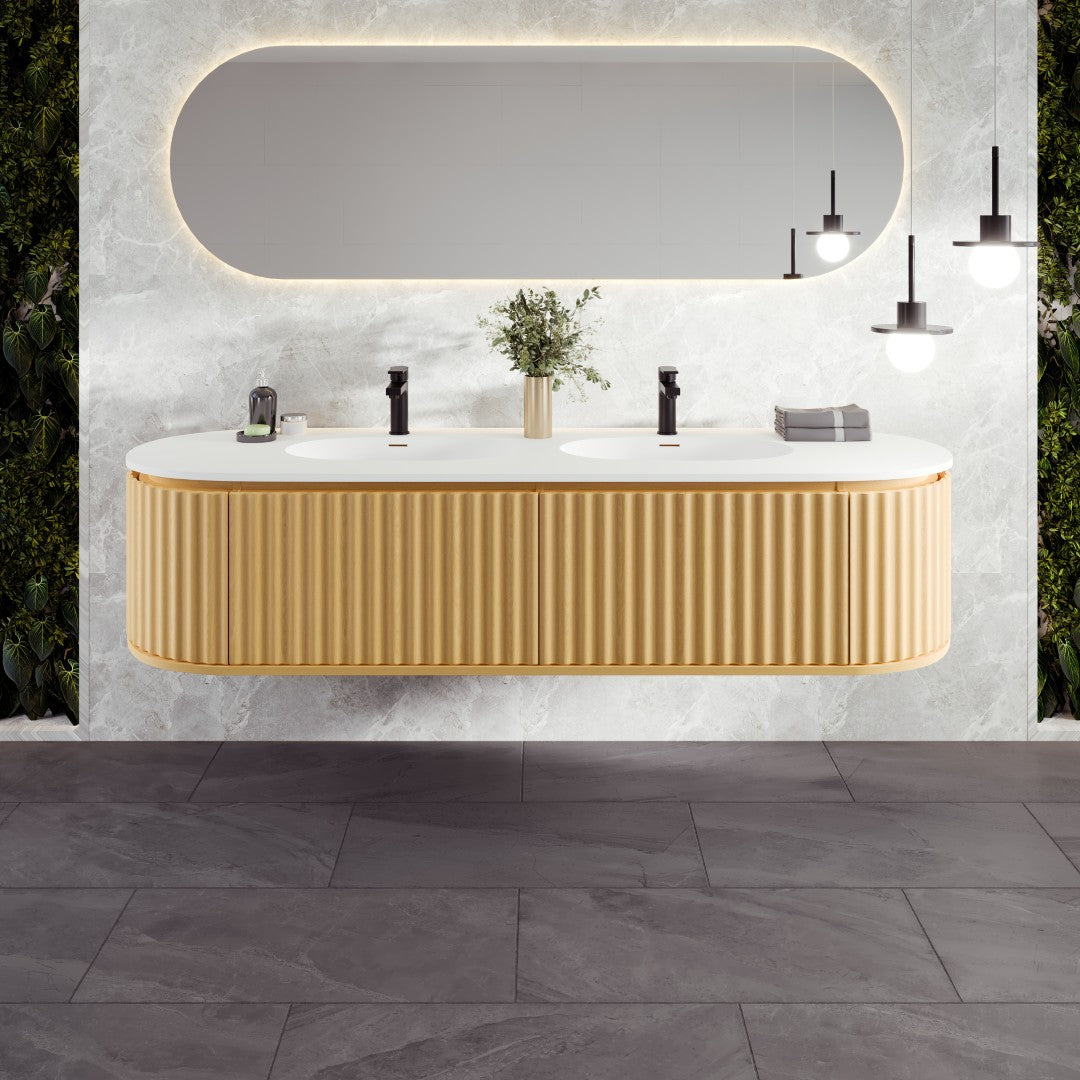 Haven 71 in. Natural Oak Wall Mount Double Sink  Bath Vanity with Solid Surface Top and Integrated Sinks