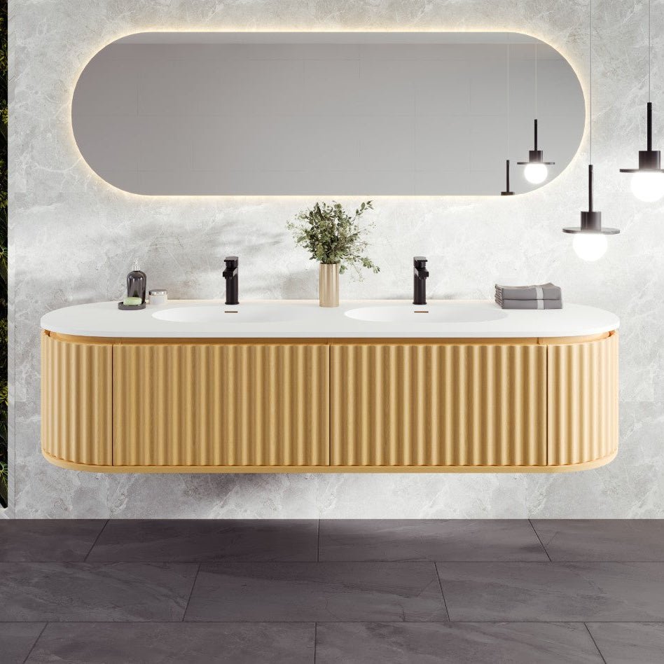 Haven 71 in. Natural Oak Wall Mount Double Sink Bath Vanity with Solid Surface Top and Integrated Sinks - Bathroom Vanity by Eviva