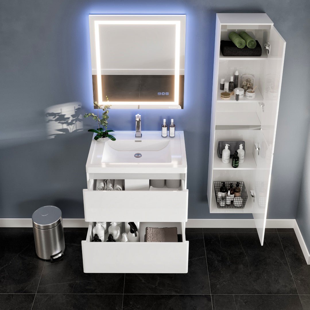 Glazzy 28 in. White Wall Mount Single Sink Bath Vanity with Acrylic Top and Integrated Sink - Bathroom Vanity by Eviva