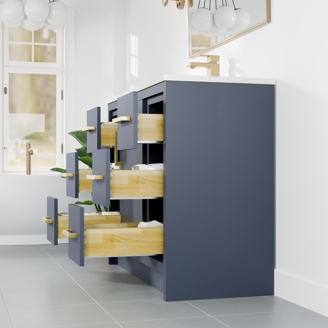 Curio 42 in. Dark Blue Single Sink Bath Vanity with Carrara Quartz Top and Undermount Porcelain Sink - Bathroom Vanity by Eviva