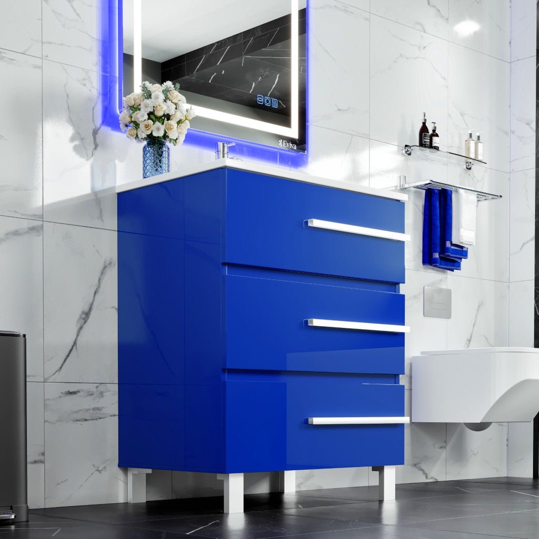 Deluxe 32 in. Blue Single Sink Bath Vanity with Porcelain Top and Integrated Sink - Bathroom Vanity by Eviva