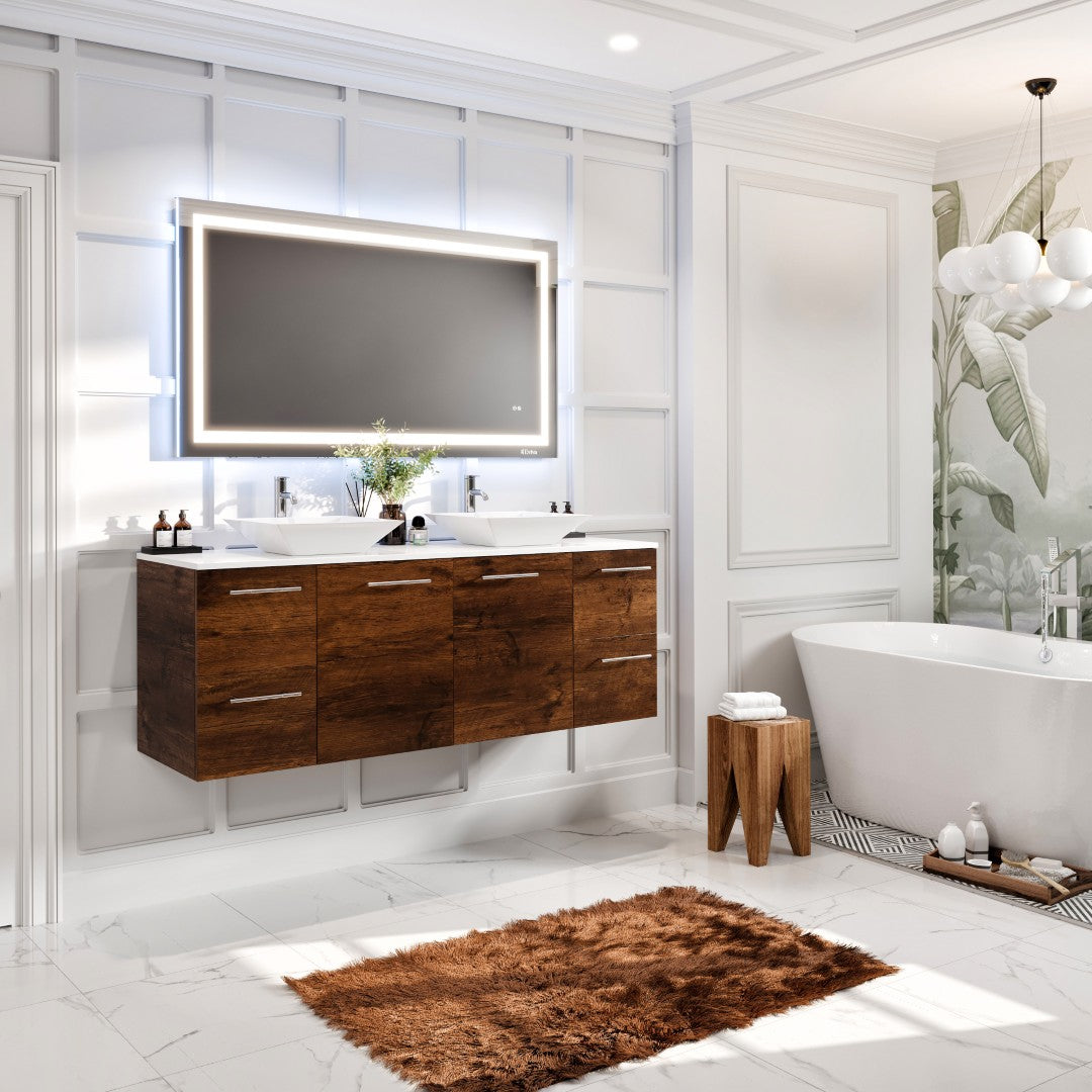 Luxurious 60 in. Rosewood Wall Mount Double Sink  Bath Vanity with White Quartz Top and Vessel Porcelain Sinks