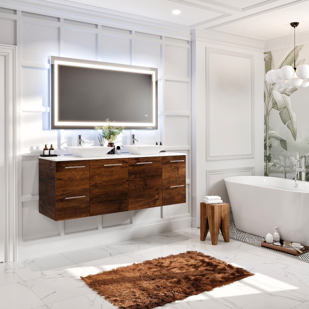 Luxurious 60 in. Rosewood Wall Mount Double Sink Bath Vanity with White Quartz Top and Vessel Porcelain Sinks - Bathroom Vanity by Eviva