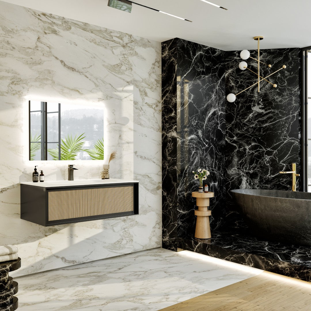 Nets 44 in. Natural Oak/Black Wall Mount Single Sink Bath Vanity with Solid Surface Top and Integrated Sink