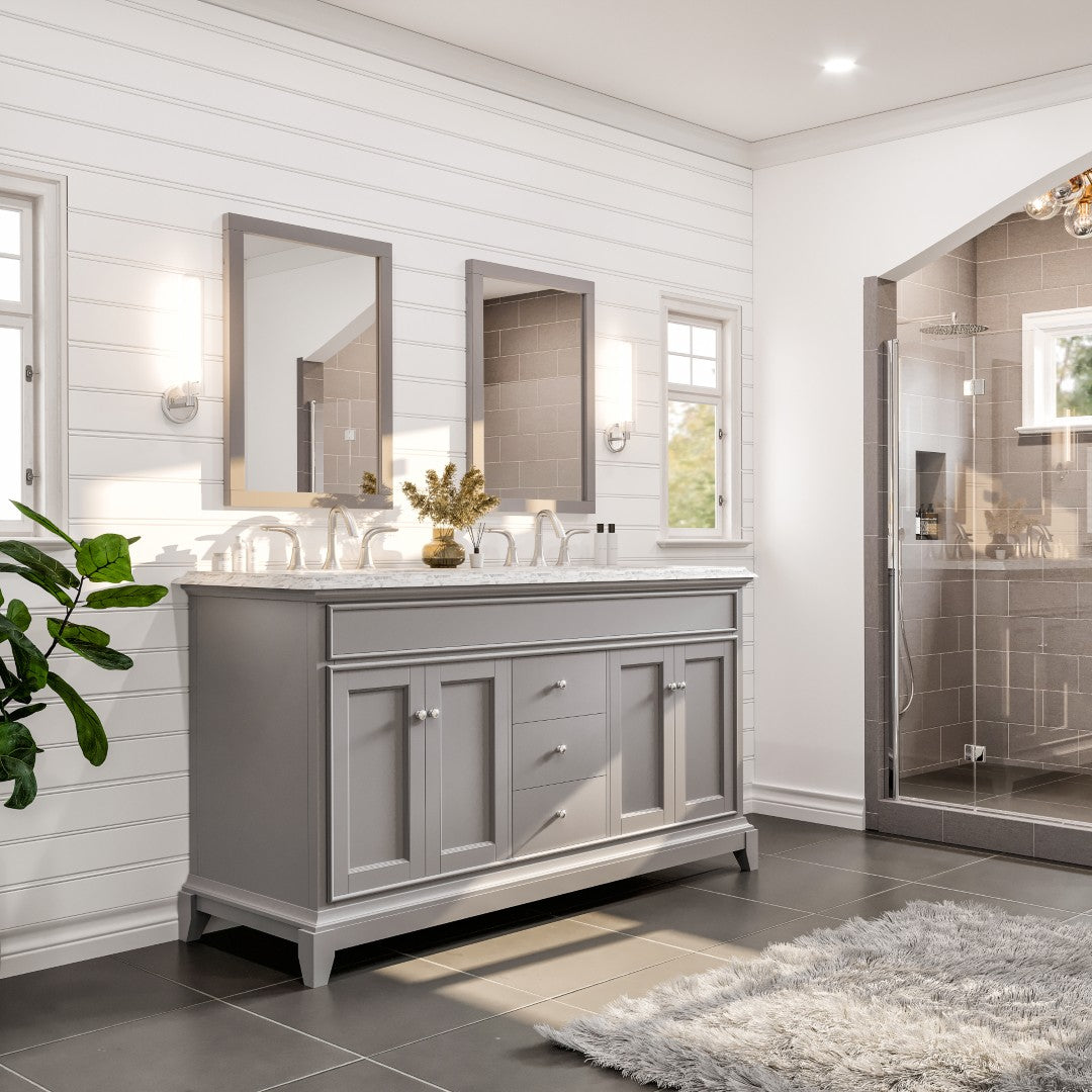 Elite Stamford 60 in. Gray Double Sink Bath Vanity with Marble Top and Undermount Porcelain Sinks