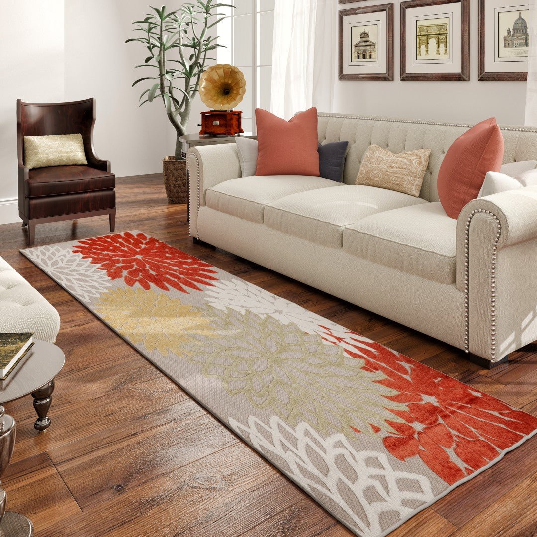 Eviva Nature 2' x 8' Floral Orange/Cream Rug - Rug by Eviva