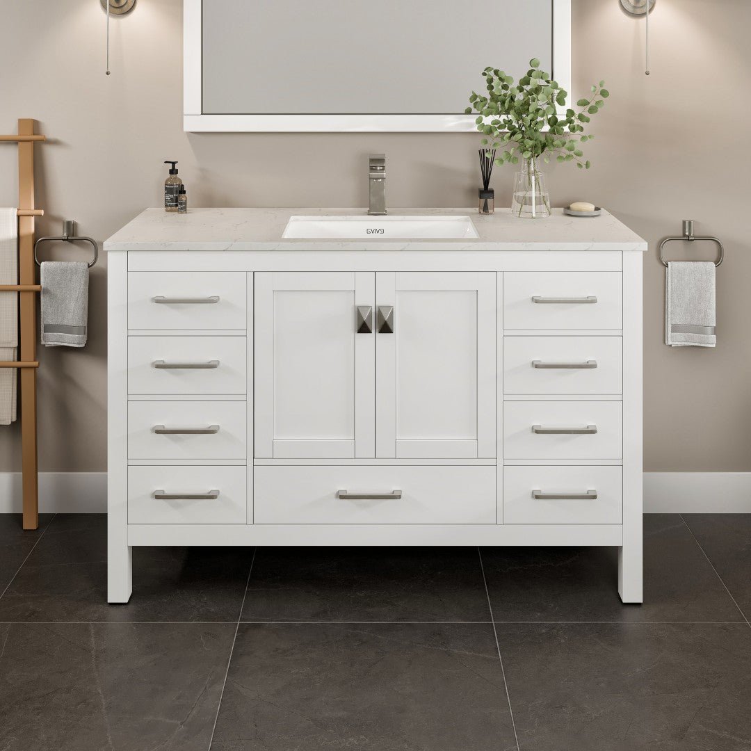 London 54 in. White Single Sink Bath Vanity with Carrara Quartz Top and Undermount Porcelain Sink - Bathroom Vanity by Eviva