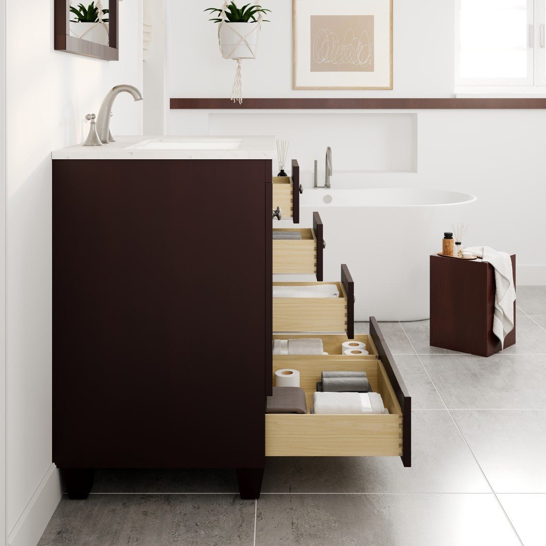 Acclaim 30 in. Teak Single Sink Bath Vanity with Carrara Quartz Top and Undermount Porcelain Sink - Bathroom Vanity by Eviva
