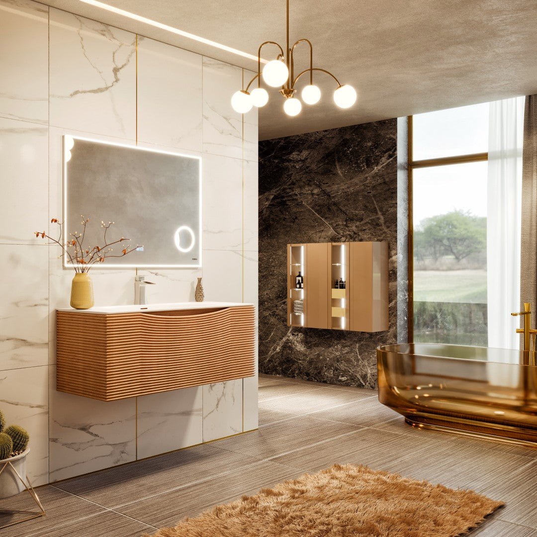 Leah 32 in. Medium Oak Wall Mount Single Sink Bath Vanity with Solid Surface Top and Integrated Sink - Bathroom Vanity by Eviva