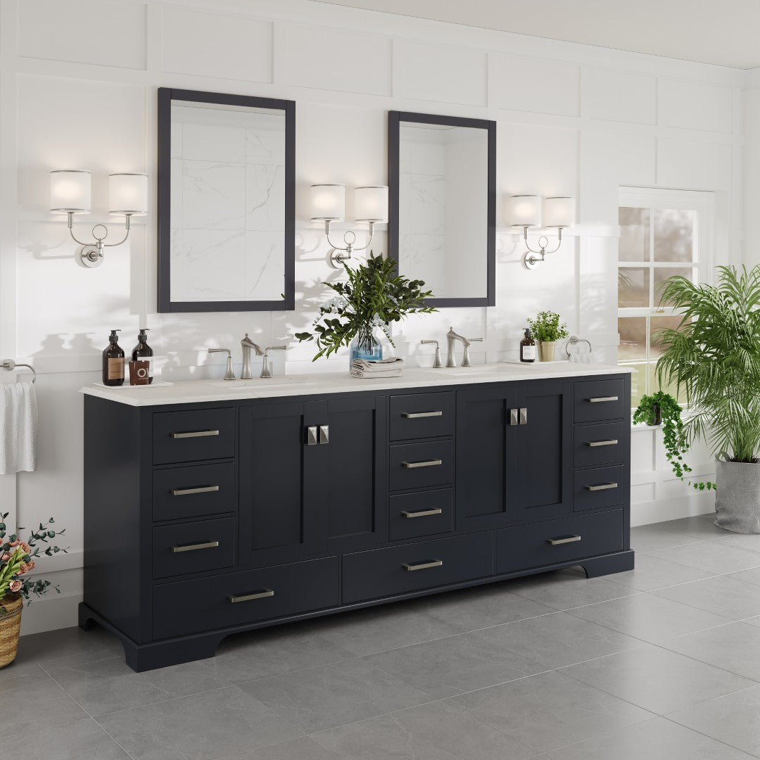 Storehouse 84 in. Dark Gray Double Sink Bath Vanity with Carrara Quartz Top and Undermount Porcelain Sinks